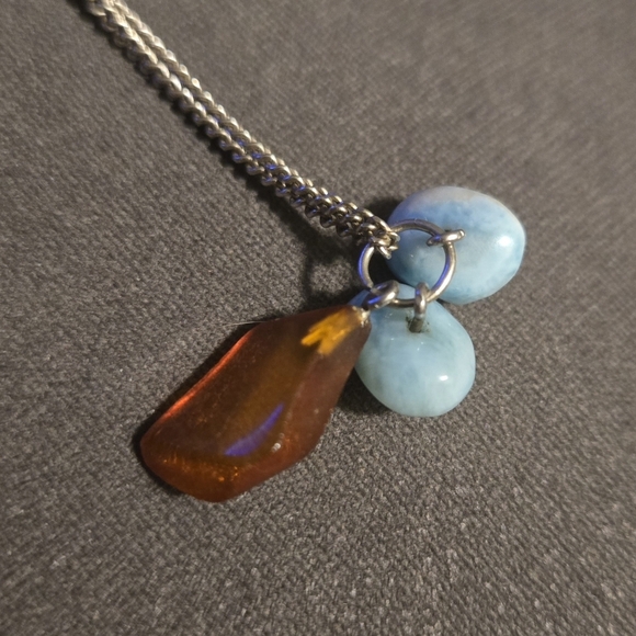 Sterling Silver Larimar & Raw Amber Pendant Necklace, Italian 925 Chain - Picture 4 of 6